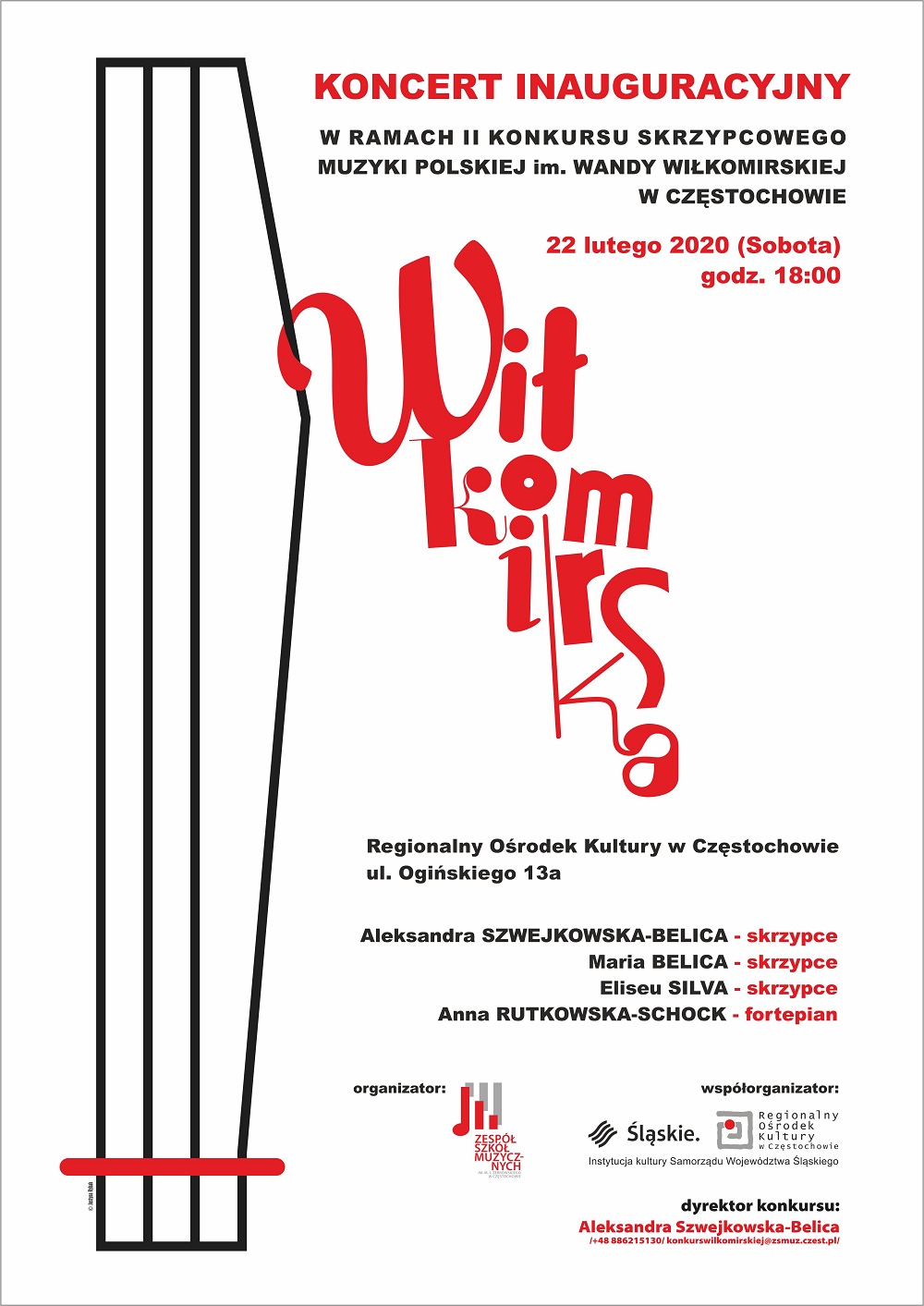 plakat promujący koncert inauguracyjny w ramach II Konkursu Skrzypcowego Muzyki Polskiej im. W. Wiłkomirskiej