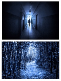 Pierwsze zdjęcie przestawia postać na końcu korytarza. Na drugiej fotografii jest las. Oba zdjęcia pokazane są przez niebieski filtr.