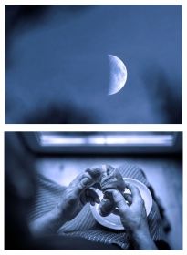 Na pierwszej fotografii widoczny jest księżyc. Na drugiej fotografii osoba trzymająca w rękach rogalika. Oba zdjęcia pokazane są przez niebieski filtr.