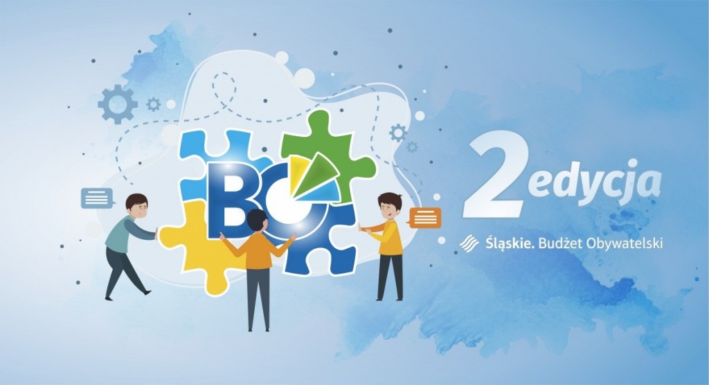 grafika promująca 2 edycję budżetu obywatelskiego Urzędu Marszałkowskiego Województwa Śląskiego. Dwie postacie dopasowują puzzle w kolorach logo Województwa Śląskiego w całość.