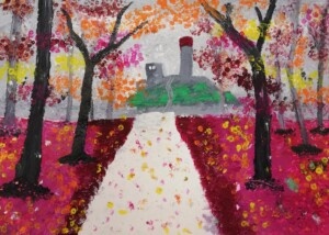Praca Konkursowa - Barwy - autorstwa M.-Gaworska. Na obrazie znajduje się zamek w Olsztynie sród kolorowych drzew i kwiatów.