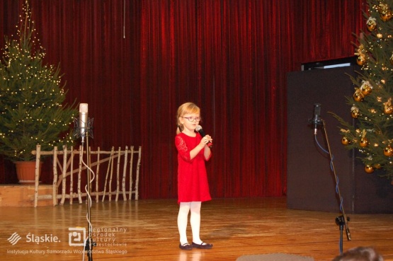 Dziewczynka w trakcie występu z okazji Jasełek, trzymająca mikrofon. W tle widoczna część z ekspozycji przedstawienia - drewniany płot oraz choinka.