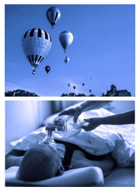 Na pierwszej fotografii widać balony. Na drugiej fotografii widoczna osoba, której podawany jest tlen. Oba zdjęcia pokazane są przez niebieski filtr.