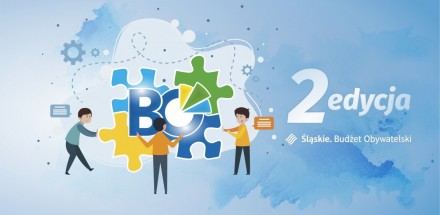 grafika promująca 2 edycję budżetu obywatelskiego Urzędu Marszałkowskiego Województwa Śląskiego. Dwie postacie dopasowują puzzle w kolorach logo Województwa Śląskiego w całość.