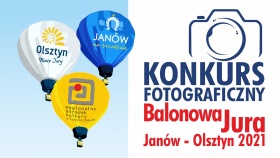 Grafika przedstawiająca 3 balony - Janów - na szczęście, ROK Częstochowa, Olsztyn - słońce jury - plakat konkursowy. Widoczna grafika przedstawiająca aparat fotograficzny.