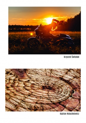 Krzysztof Świtalski – fotografia kobiety wygiętej do tyłu na motorze, trzymającej kask nad głową, na tle zachodzącego słońca zza drzewa. Kajetan Walacheniewicz – fotografia skalnej spirali.