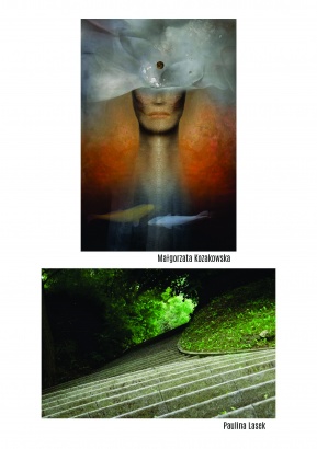 Małgorzata Kozakowska – obraz, na którym widoczna jest połowa twarzy kobiety. Od nosa w górę pojawią się białe fale. Pośrodku fal znajduje się ciemna kulka. Pod szyją znajdują się dwie ryby. Paulina Lasek - fotografia schodów prowadzących do lasu.