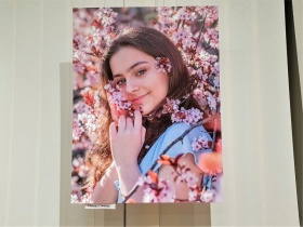 Obraz uśmiechniętej młodej brunetki, która przebywa wśród kwitnącej jabłoni.