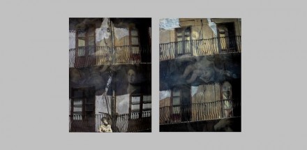 Transgresje Sławomira Jodłowskiego - grafika promująca wystawę. Dominuje mroczny klimat. Można dostrzec biblijne postacie.